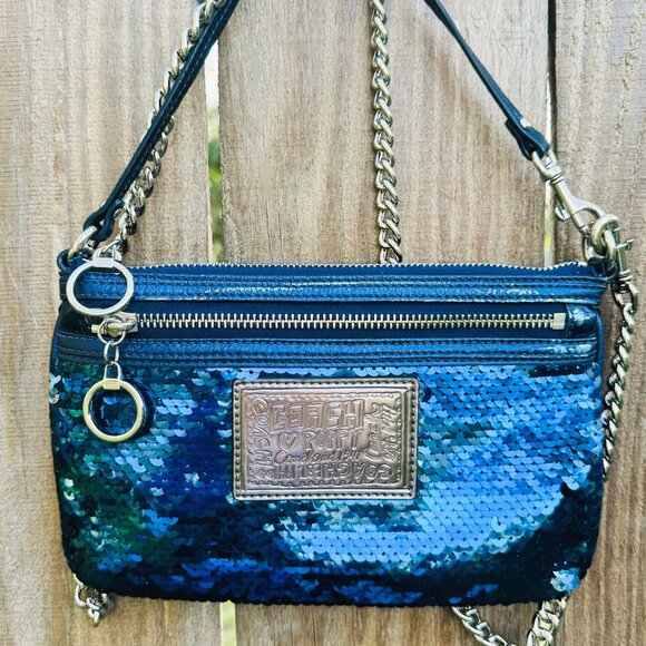 VTG Y2K Coach XL Poppy Sequin Wristlet Sapphire Blue Sparkle Purse Wallet - Picture 5 of 16
